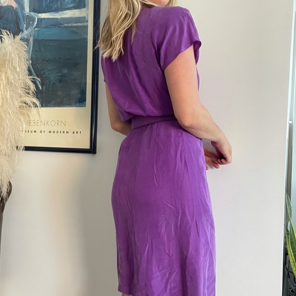 Vintage Purple Silk Midi Dress Belted Faux Wrap Small - Picture 2 of 5